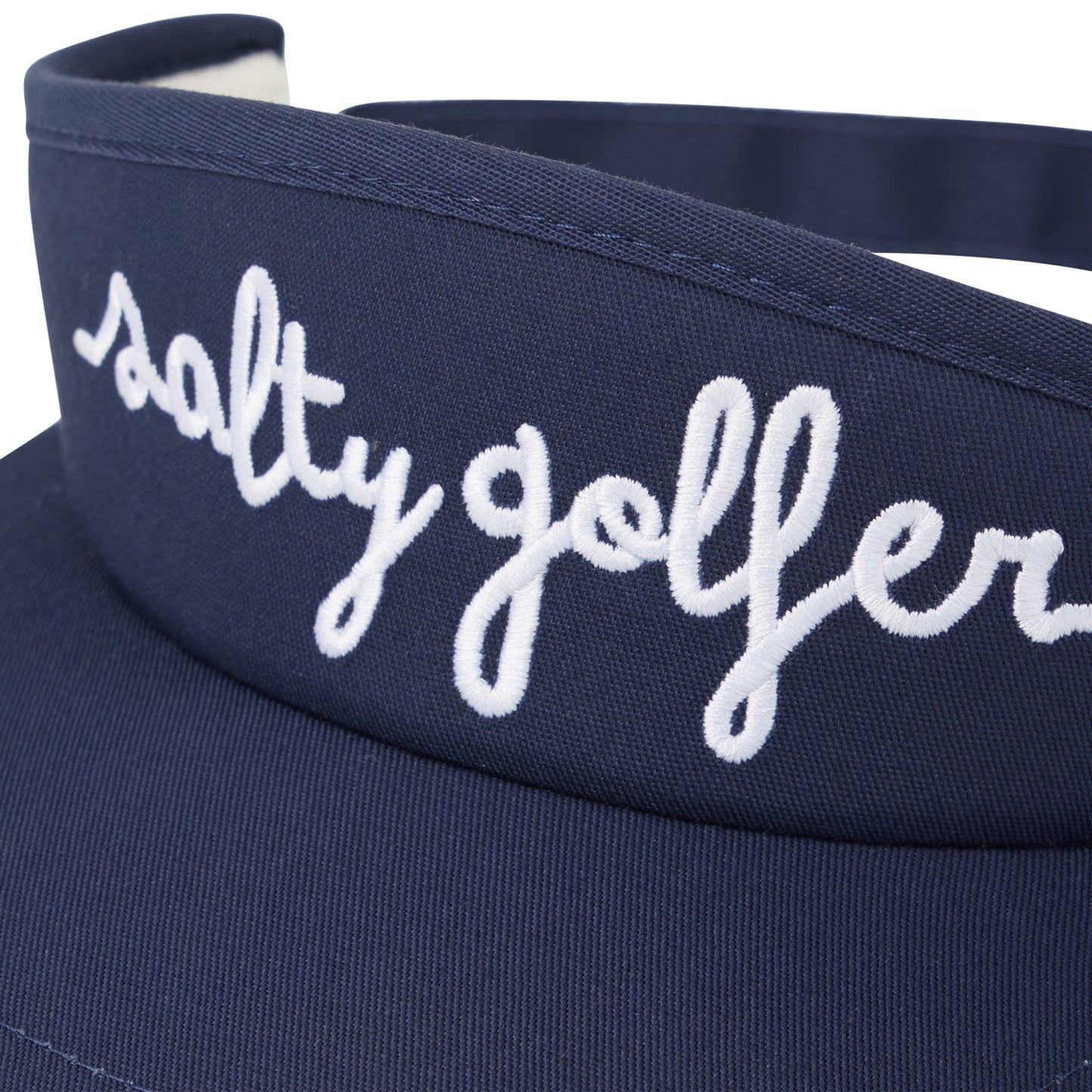 Salty Golfer Script High Crown Visor. ( Navy with White Script)