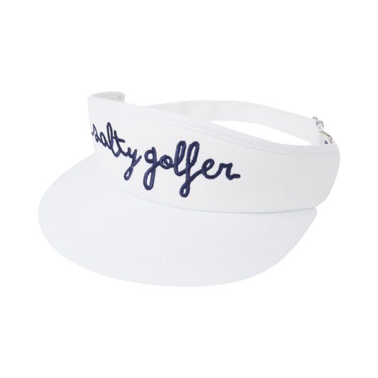 Salty Golfer Script High Crown Visor. (White with Navy Script)