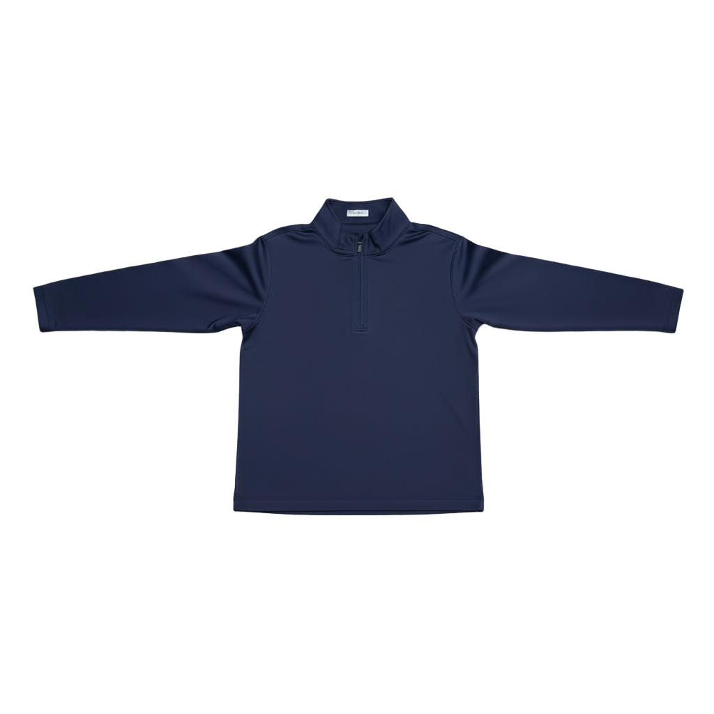 Blue long-sleeve shirt with a quarter zip on a white background