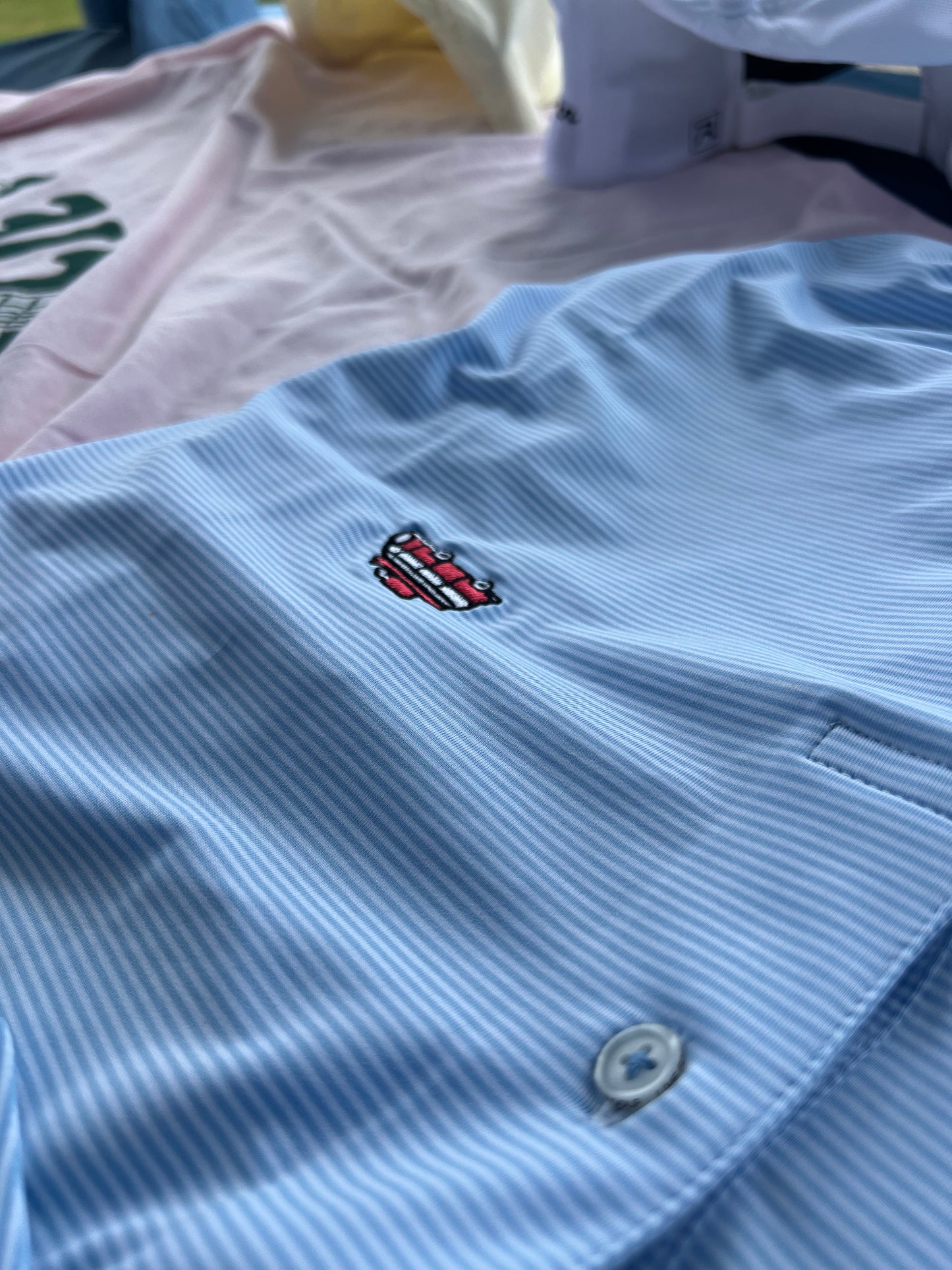 The Salty Golfer Flagship Logo Polo Micro Stripe Sky Blue