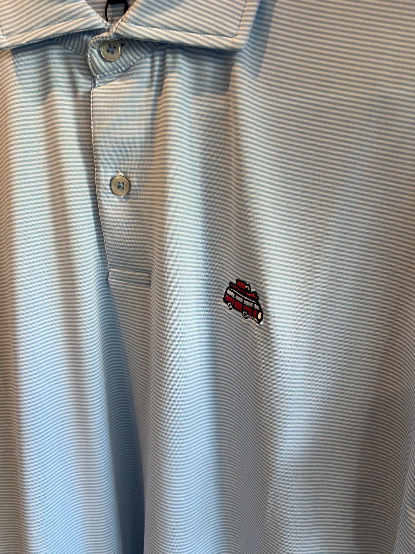 The Salty Golfer Flagship Logo Polo Micro Stripe Sky Blue