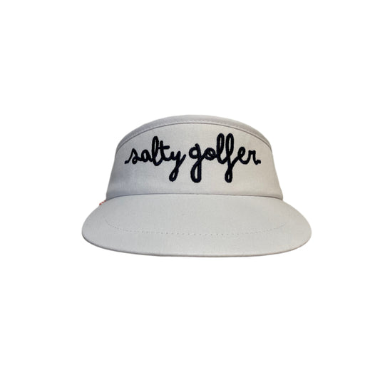Salty Golfer Script High Crown Visor. (White with Navy Script)