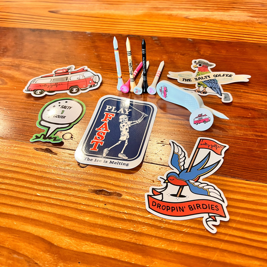 Salty’s Stickers, tees, ballmarker, divot tool pack.