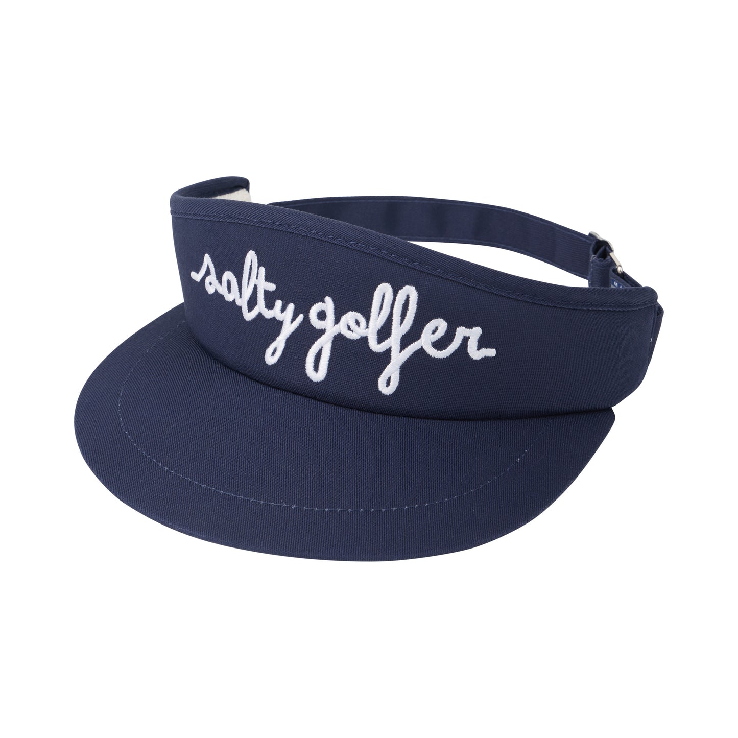 Salty Golfer Script High Crown Visor. ( Navy with White Script)