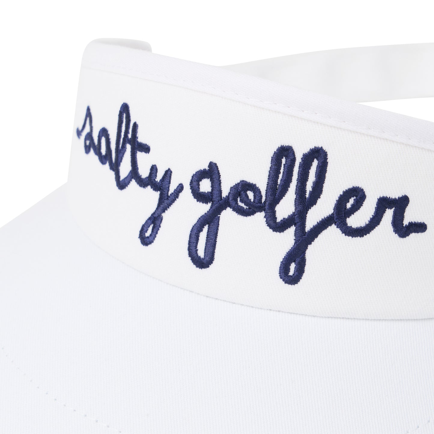 Salty Golfer Script High Crown Visor. (White with Navy Script)