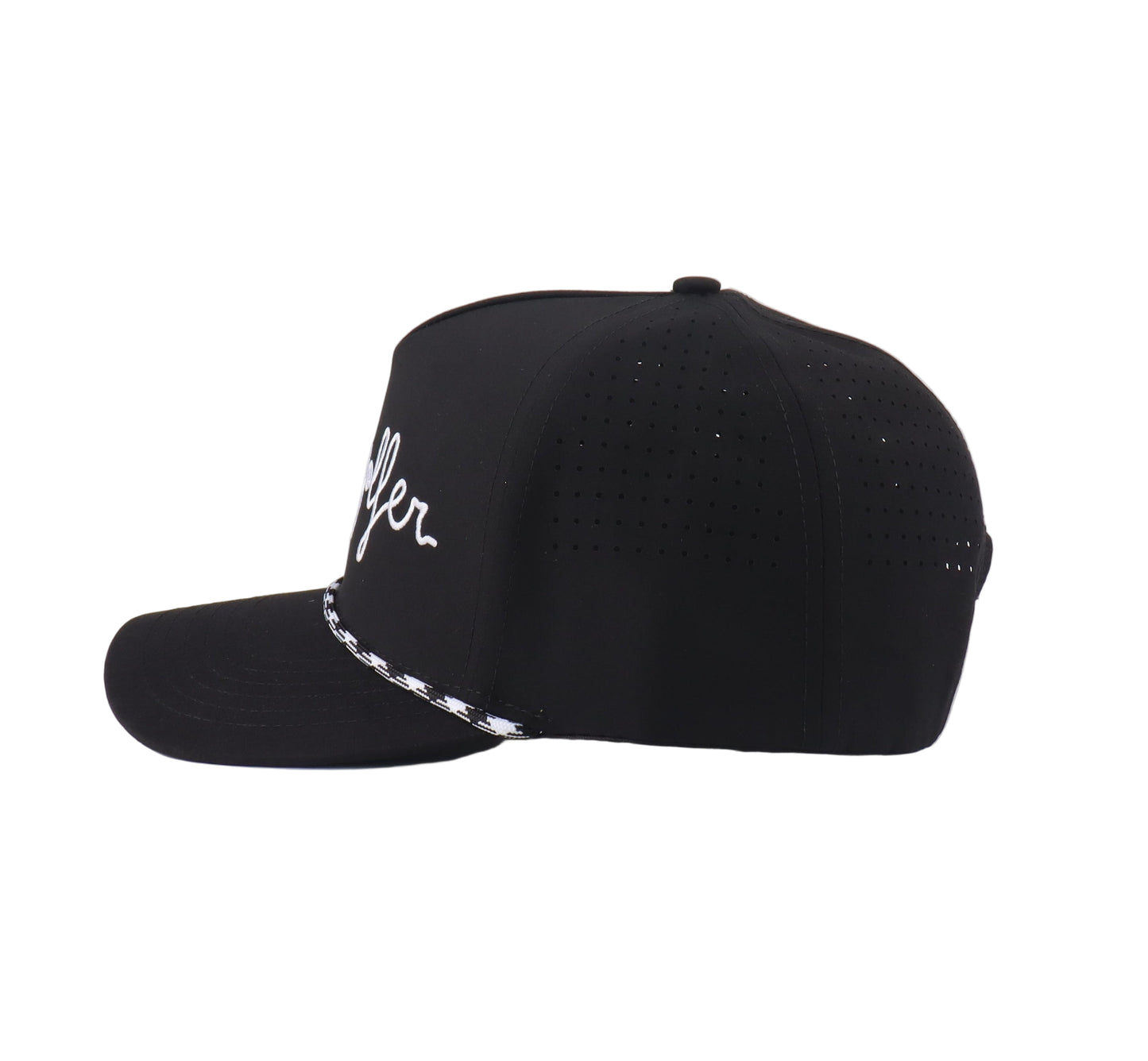 The Perfect Storm Performance Hat (black with black/white rope)