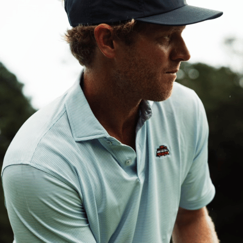 The Salty Golfer Flagship Logo Polo Micro Stripe Sky Blue