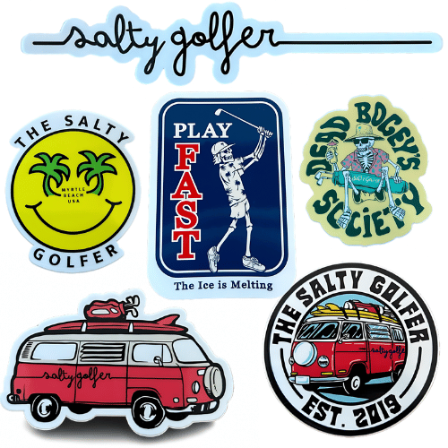 salty golfer sticker pack includes the play fast the ice is melting sticker, the dead bogey society sticker, the salty golfer van sticker, the salty golfer logo sticker